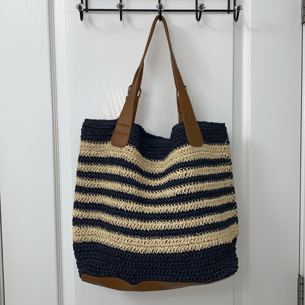 Navy Blue and Cream Striped Woven Straw Tote Bag - Picture 13 of 17